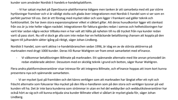Betallösningen Billmate nu tillgänglig hos Nordisk E-handel