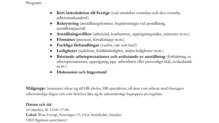 Talentum HR erbjuder  utbildning i svensk arbetsrätt på engelska!