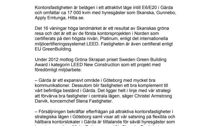 Skanska säljer fastigheten Gröna Skrapan i Göteborg för 617 miljoner kronor