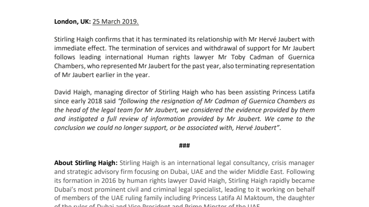 STIRLING HAIGH JOINS LEADING HUMAN RIGHTS LAWYER AND FREE LATIFA CAMPAIGN  IN TERMINATING ITS REPRESENTATION OF HERVE JAUBERT