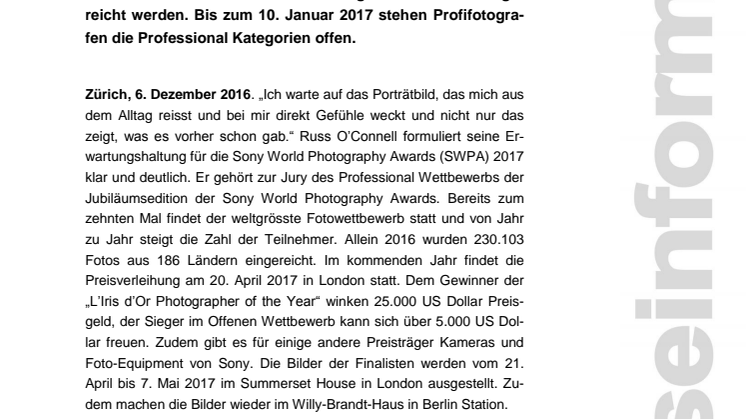 ​Letzte Chance zu gewinnen: Anmeldefrist für die Sony World Photography Awards 2017 endet bald