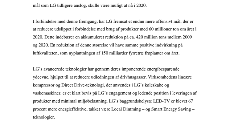 LG ELECTRONICS NÅR SINE MILJØMÅL 7 ÅR I FORVEJEN