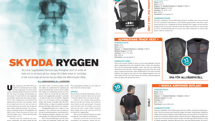 Handelsbodens Ryggskydd SAFE blev "Bäst i Test" I tidningen MC-Folkets test av ryggskydd för mc i nr2/2012