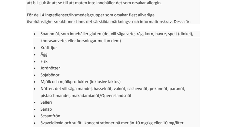 Allergena födoämnen som enligt lagstiftningen klassas som allergener