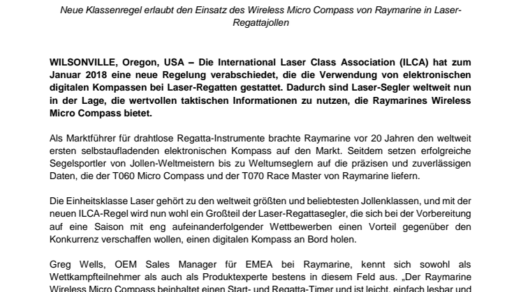Raymarine: Laser-Regattasegler dürfen Raymarines leistungsstarken Micro Compass nutzen