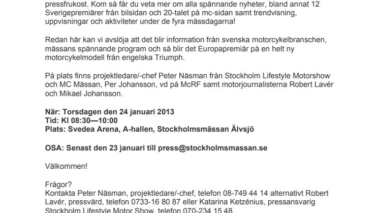 Pressinbjudan: Välkommen till pressmöte för Stockholm Lifestyle Motor Show och MC Mässan!