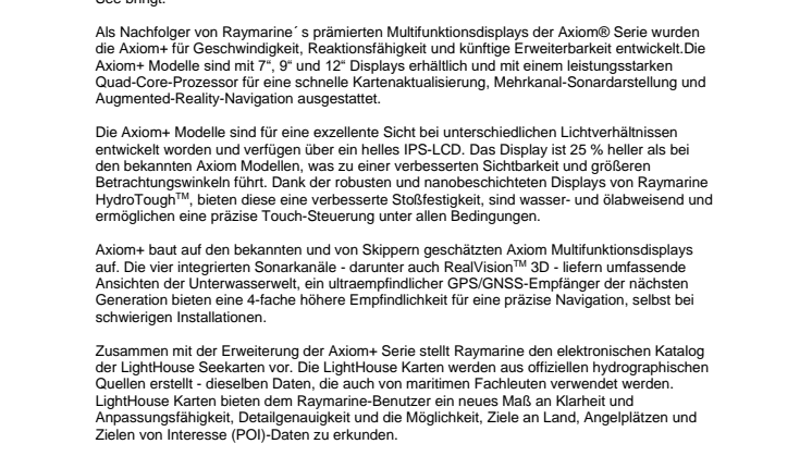 FLIR stellt vor: Neue Multifunktionsdisplays Raymarine Axiom+ und neuer elektronischer Seekarten-Katalog