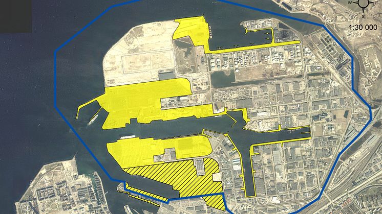 Karta över Norra Hamnen med avgränsningen för Masterplan (blå linje)