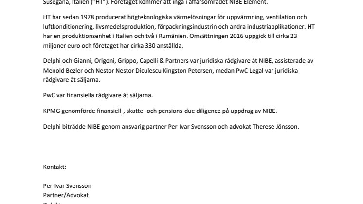 Delphi rådgivare när NIBE Industrier AB (publ) förvärvar 80 % av aktierna i HT S.p.A. 