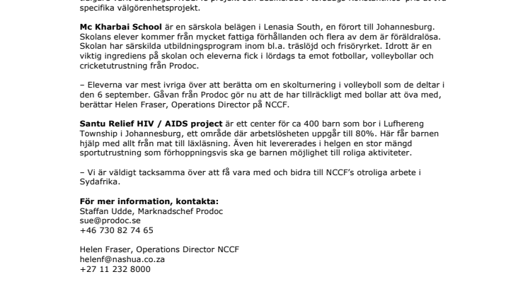 Prodoc stöttar välgörenhetsarbete i Sydafrika