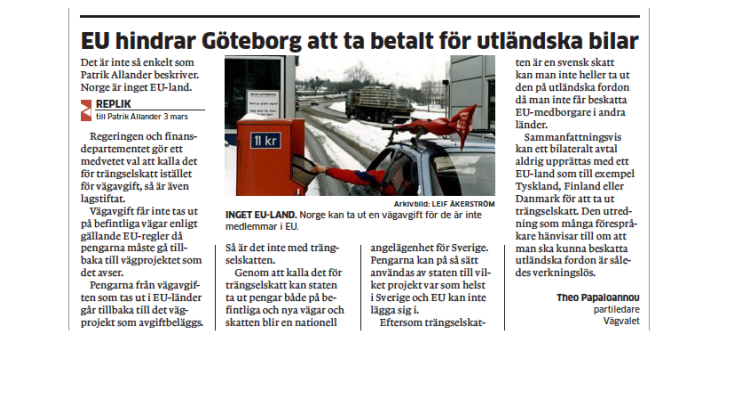 EU hindrar Göteborg att ta betalt för utländska bilar