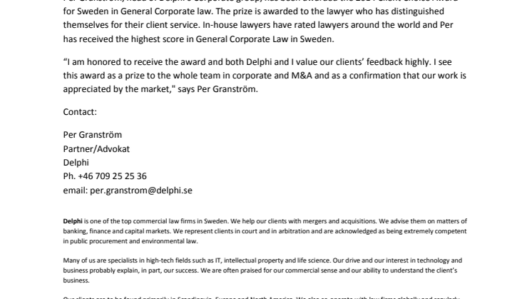 Delphi’s Per Granström named first choice in General Corporate Law by in-house lawyers