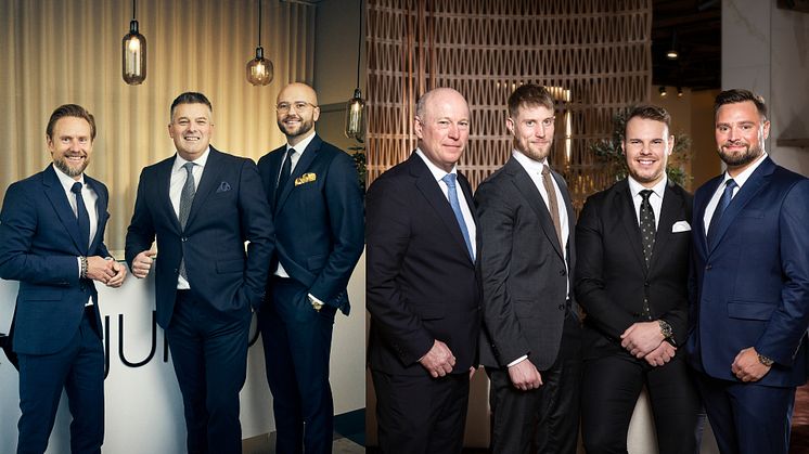 Mattias Larsson, vd på Bjurfors Skåne, med nya franchisetagarna Thierry Asso och Filip Ericsson. Sven-Erik Kristensen, vd på Bjurfors Väst, med nya franchisetagarna Rasmus Halldin, Jesper Karlsson och Christopher Sjödahl.
