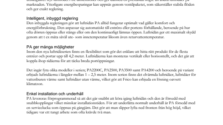 Frico introducerar PA-serien, en ny serie intelligenta luftridåer 