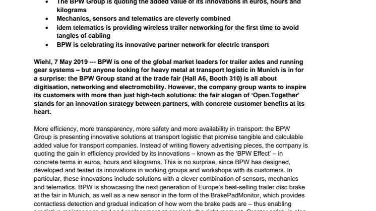 Open.Together: the BPW Group is showcasing itself as a partner for digitisation and networking at ‘transport logistic’ trade show 