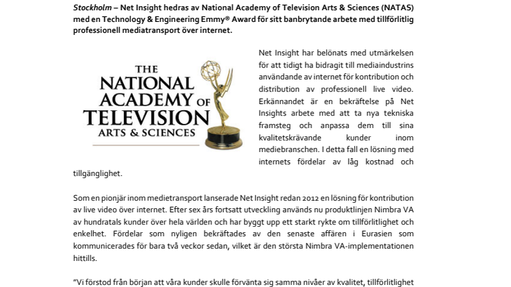 Net Insight får en Emmy® Award för banbrytande  insatser inom live video över internet