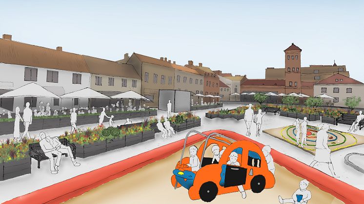 Så här kommer mötesplatsen på Lilla torg att se ut. Illustration: Maria Johansson, Halmstads kommun
