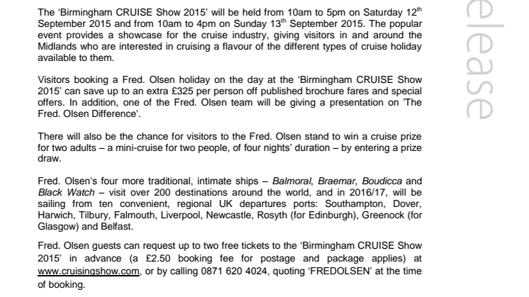 Get ready to be inspired! Find out more about Fred. at the ‘Birmingham CRUISE Show 2015’ – Stand D30, NEC, Saturday 12th / Sunday 13th September 2015
