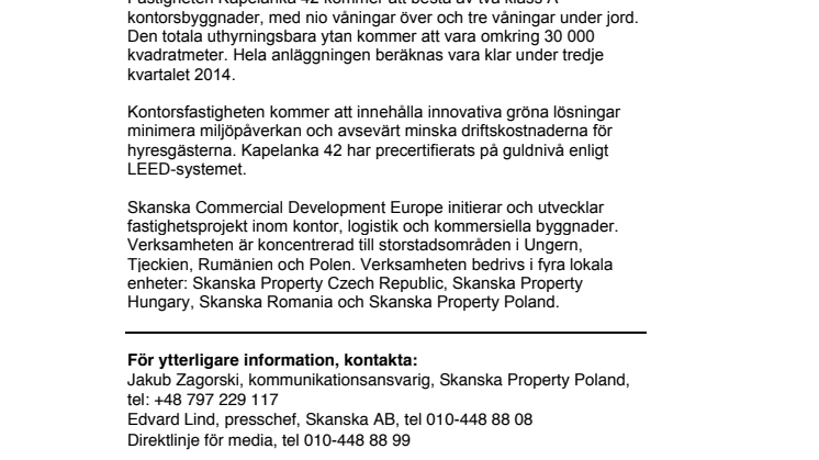 Skanska investerar 206 miljoner kronor i andra fasen av kontorsprojekt i Krakow, Polen