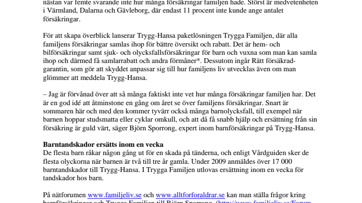 15 procent av svenskarna vet inte hur många försäkringar familjen har