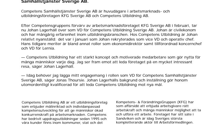 Johan Lagerhäll ny VD för Competens Utbildning Sverige AB