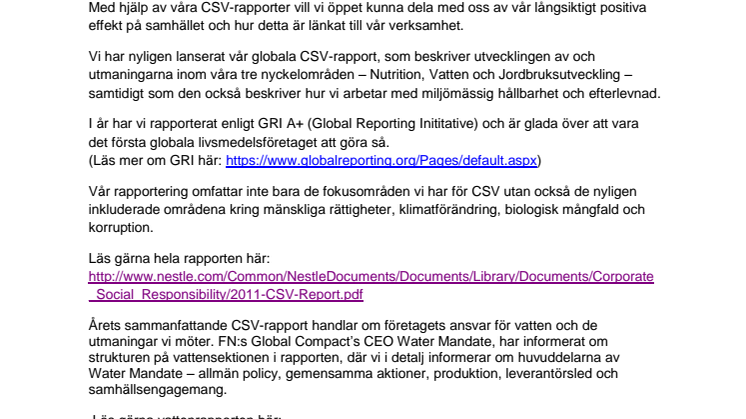 Nestlé’s CSV rapport får GRI A+ klassificering