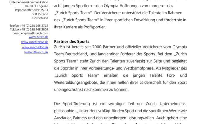 Zurich fördert Sporttalente und gründet „Zurich Sports Team“