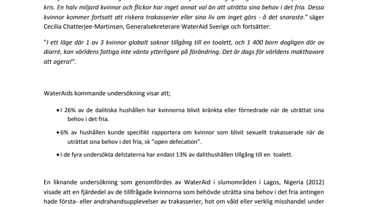 Var fjärde kastlös kvinna i Indien som saknar toalett riskerar trakasserier – ny undersökning från WaterAid