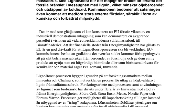 EU stödjer svensk energipolitisk satsning på LignoBoost