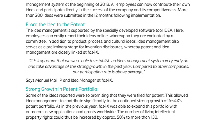 fos4X Idea Management Increases Innovative Power and Further Expands Patent Portfolio