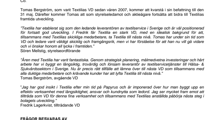 Fredrik Lagerkvist ny VD för Textilia