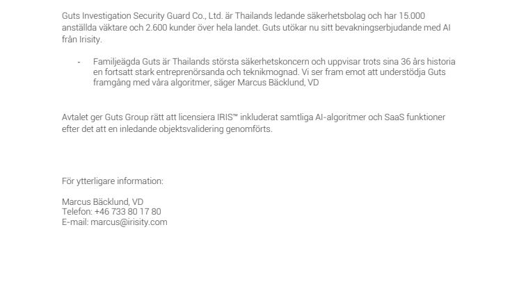 Irisity inleder samarbete med thailändska Guts Group