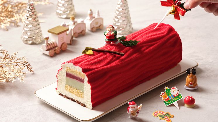 Spice Brasserie’s signature White Chocolate Yule Log Cake with Raspberry Gelee and Pistachio Cream at $68nett