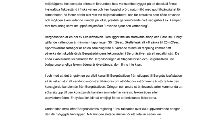 Synpunkter med anledning av slutförhandlingar om vattendom i Bergnäsälven och Storavan-Uddjaur