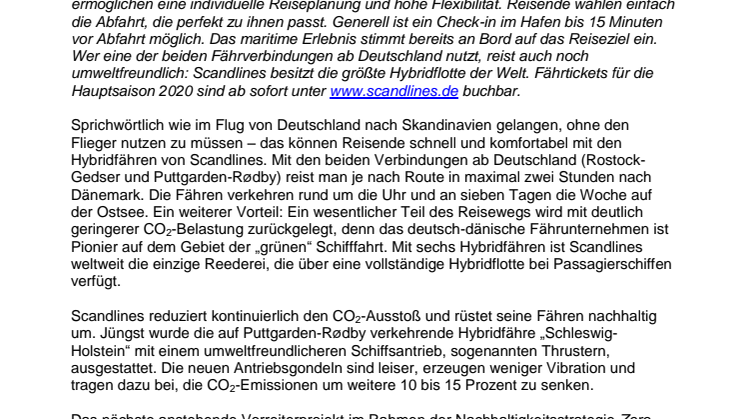 Mit Scandlines schnell und klimafreundlich nach Skandinavien reisen: Fährtickets für die Hauptsaison 2020 ab sofort buchbar