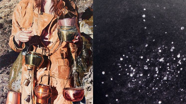 T.V: Sara-Vide Ericson. The Lab, 2020. Beskuren. T.H: Tilda Lovell, Celestial Bodies, 2014-2023. Del av installation. Beskuren.