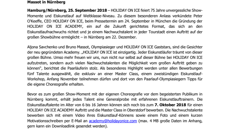 HOLIDAY ON ICE ACADEMY bringt Eiskunstlaufnachwuchs in Nürnberg auf die große Showbühne der Erfolgsproduktion ATLANTIS
