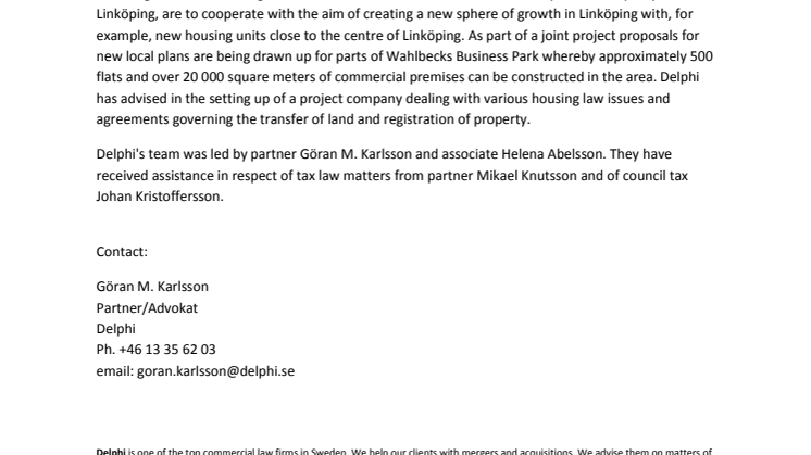 Delphi advises AB Stångåstaden and Fastighets AB Sankt Kors on the construction project in Linköping