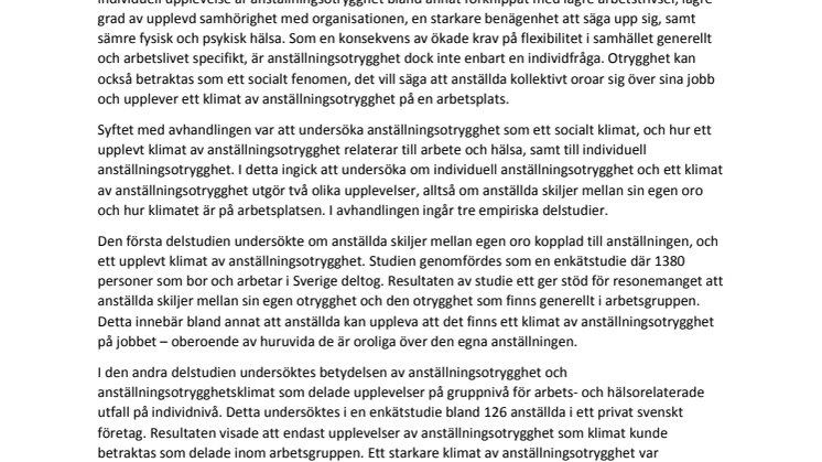  "Job insecurity climate: The nature of the construct, its associations with outcomes, and its relation to individual job insecurity", avhandling i sammanfattning.