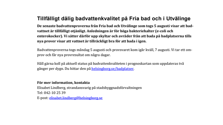 Tillfälligt dålig badvattenkvalitet på Fria bad och i Utvälinge