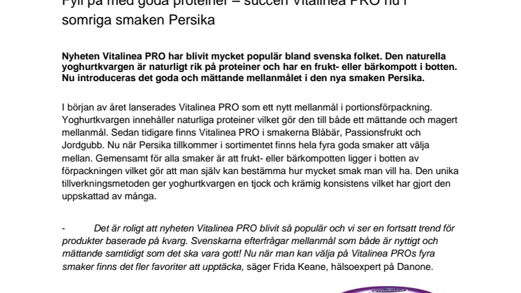 Fyll på med goda proteiner – succén Vitalinea PRO nu i somriga smaken Persika