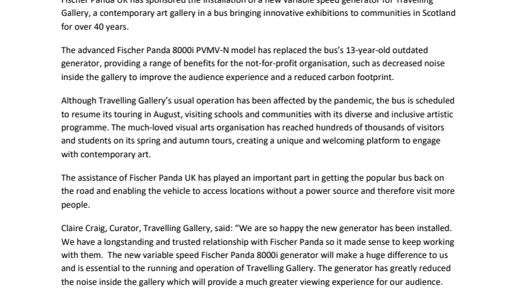 New Fischer Panda UK Generator for Travelling Gallery Bus