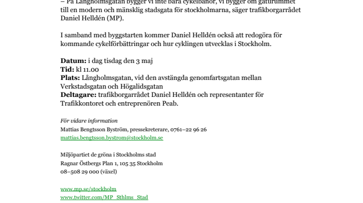 ​PÅMINNELSE byggstart kl 11 nya cykelbanor på Långholmsgatan