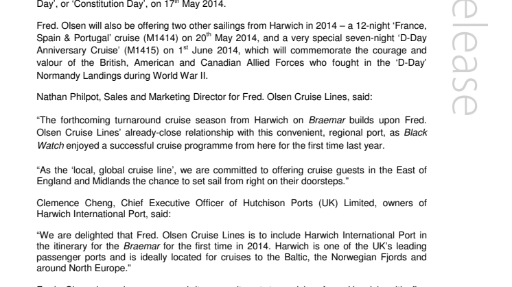 Fred. Olsen Cruise Lines’ Braemar commences inaugural cruise season from Harwich