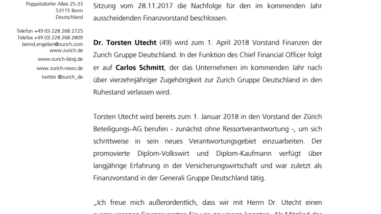 Dr. Torsten Utecht wird Vorstand Finanzen der Zurich Gruppe Deutschland