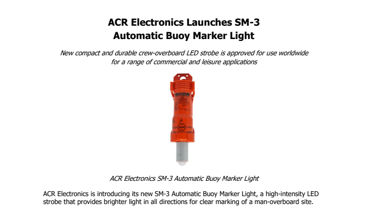 ACR Electronics Launches SM-3 Automatic Buoy Marker Light