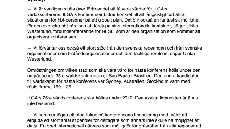 RFSL arrangerar ILGA:s världskonferens 2012