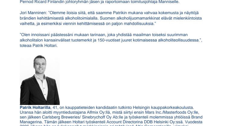 VAHVA BRÄNDIOSAAJA PATRIK HOLTARI  PERNOD RICARD FINLANDIN MARKKINOINTIJOHTAJAKSI