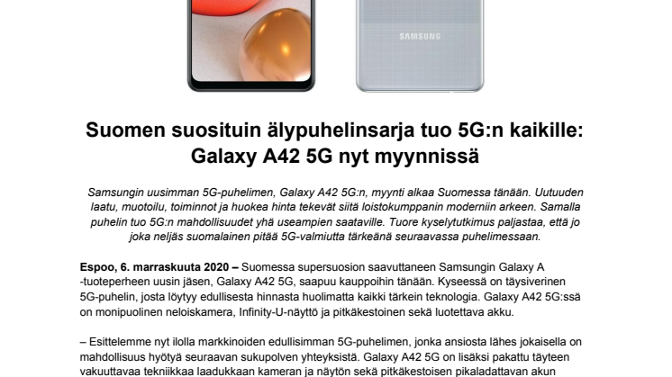 Suomen suosituin älypuhelinsarja tuo 5G:n kaikille: Galaxy A42 5G nyt myynnissä