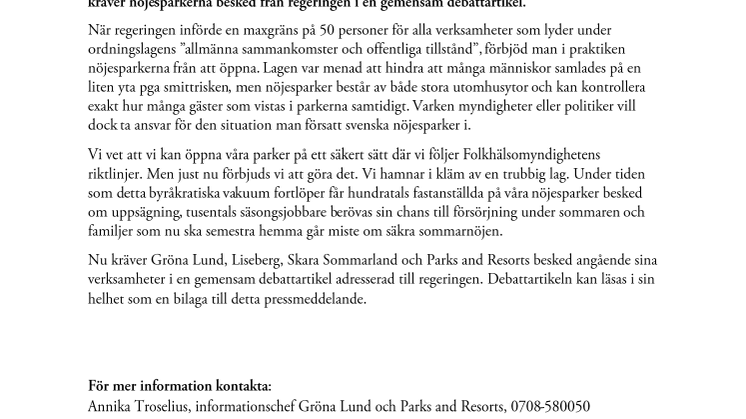 Nöjesparker kräver svar från regeringen om öppning